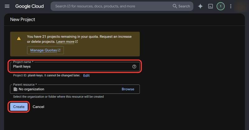 New Project page with the project name field and the Create button marked