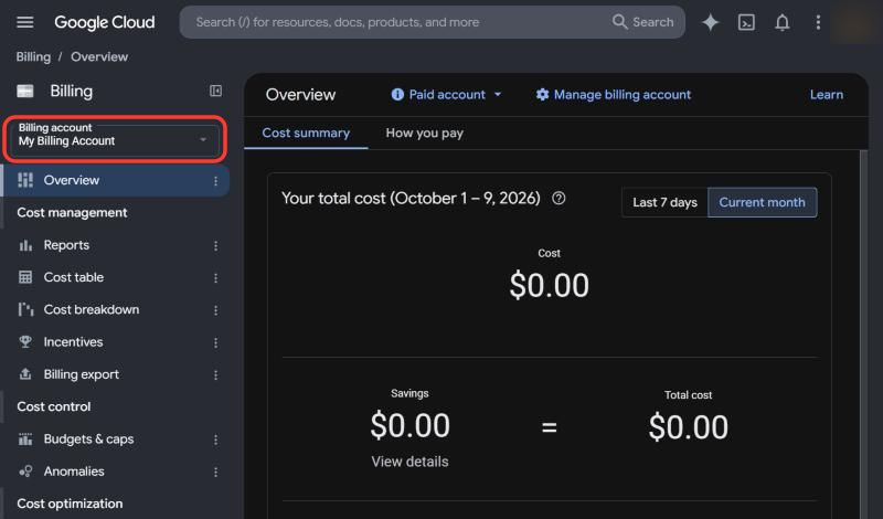 Billing overview showing the linked billing account