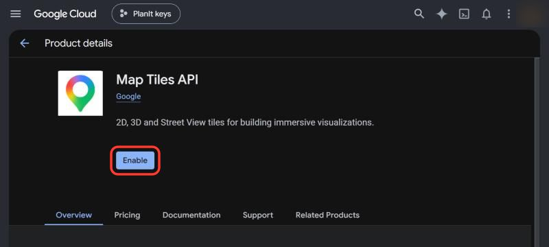 Map Tiles API page with the Enable button marked