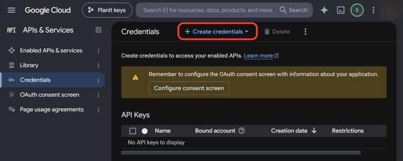 Credentials page with Create credentials marked