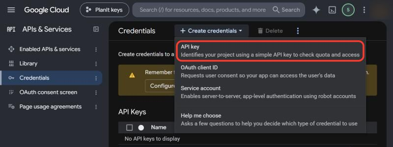 Create credentials menu with API key marked