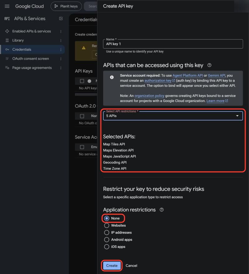Create API key form: five APIs selected, Application restrictions None, Create