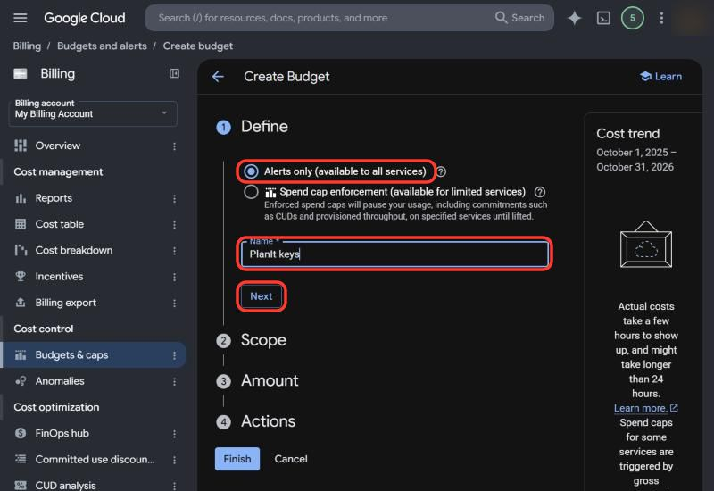 Create Budget step 1: Alerts only and a name