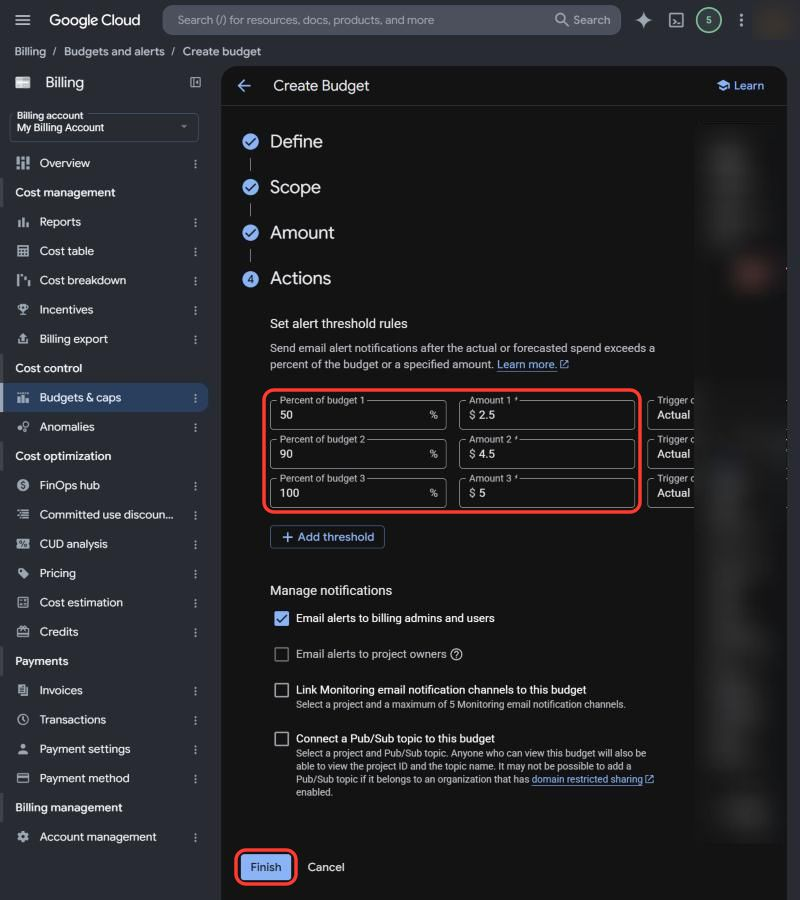 Create Budget step 4: alerts at 50, 90 and 100 percent, Finish